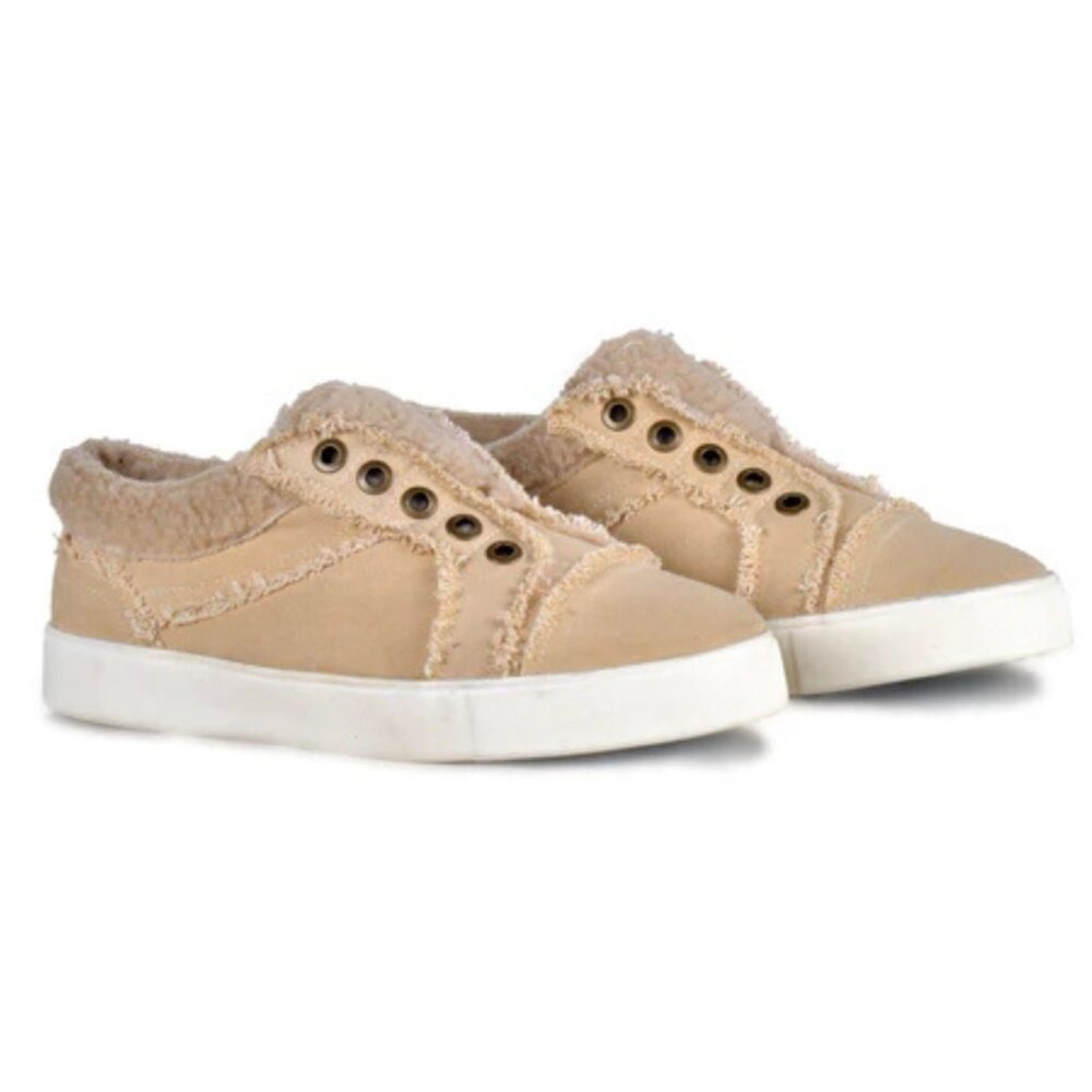 MYRA BAG Fancy Tan Canvas Faux Fur Lined Slip On Sneakers Casual Shoes 9 NWT
